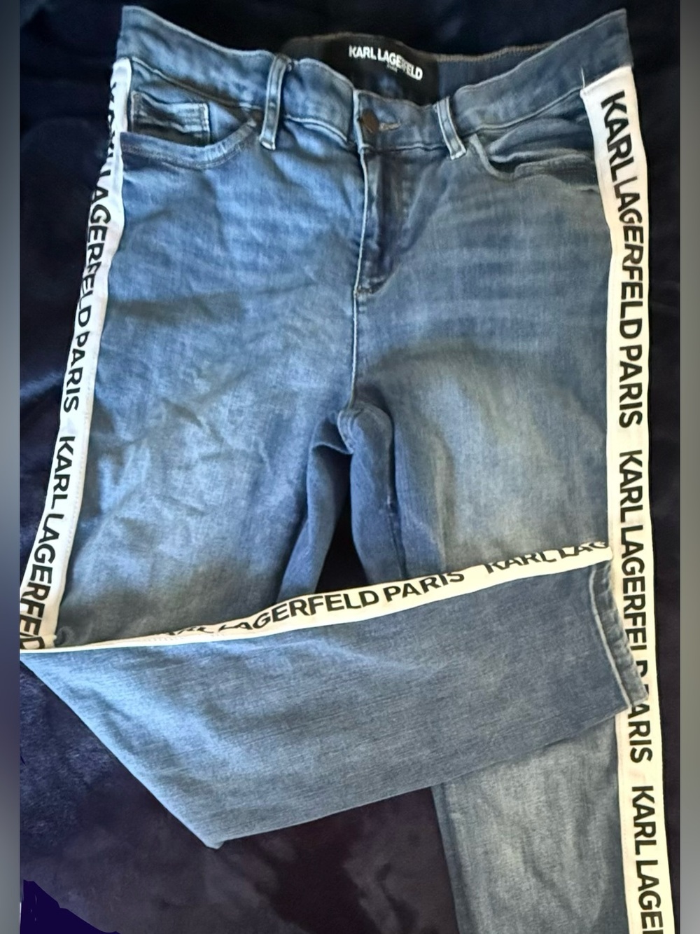 Karl Lagerfeld Blue Skinny Jeans with White Logo Side Tape size 14 - Picture 1 of 6